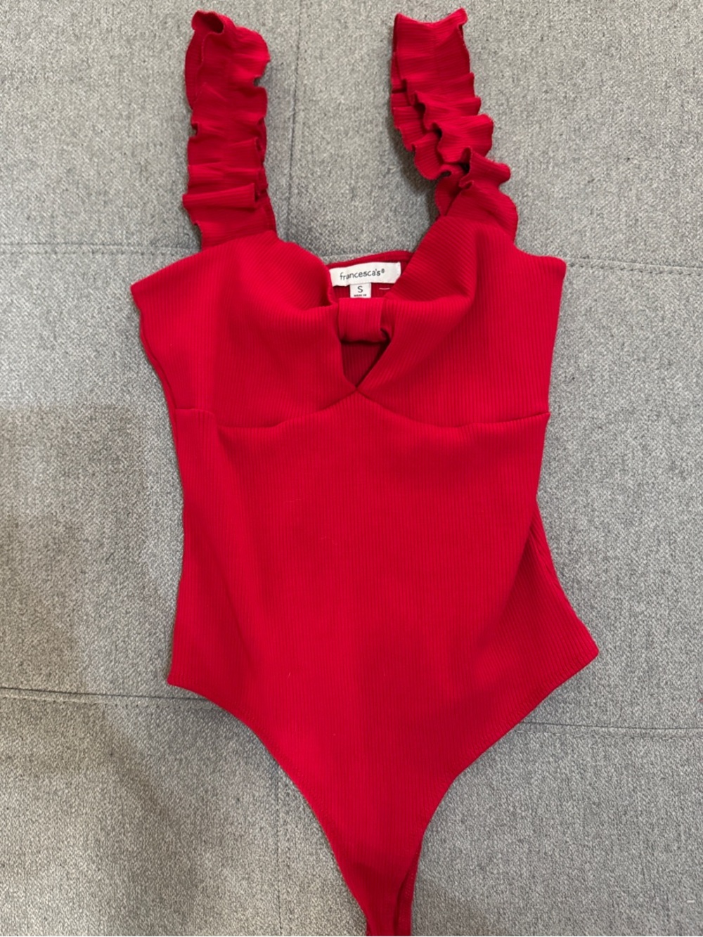 Francesca's Collections Bright Red Ruffle-Strap Ribbed One-Piece